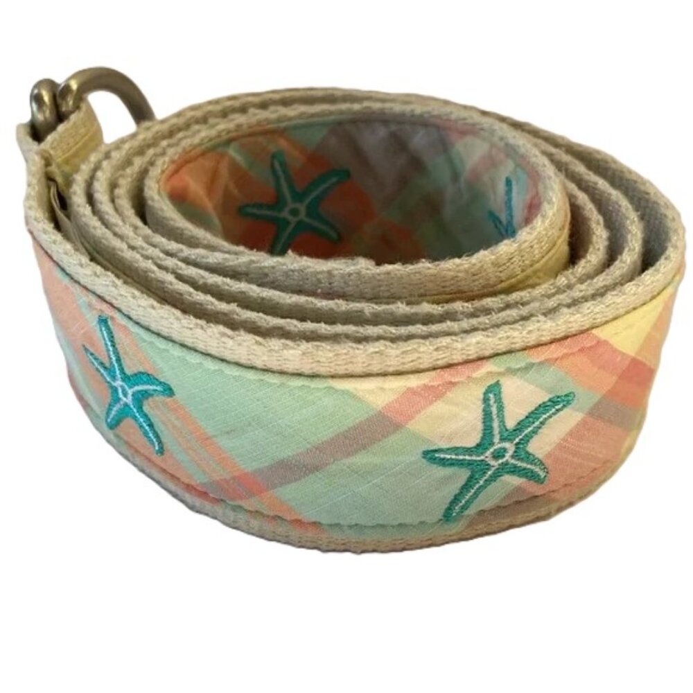 LL BEAN Starfish D Loop Pastel Plaid Nautical Fabric Web Belt 45 x 1.5 in Medium